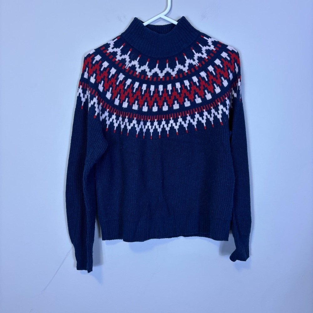 J. Crew Navy‎ Mock Neck Sweater with Red and White Accents Small